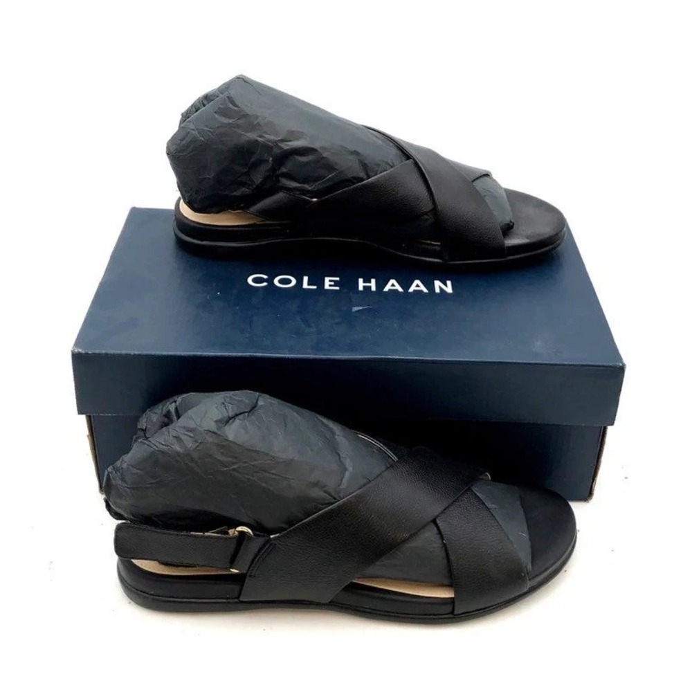 Cole Haan Anica Women 9B Black Leather Cross Strap Slingback Old Money Sandals